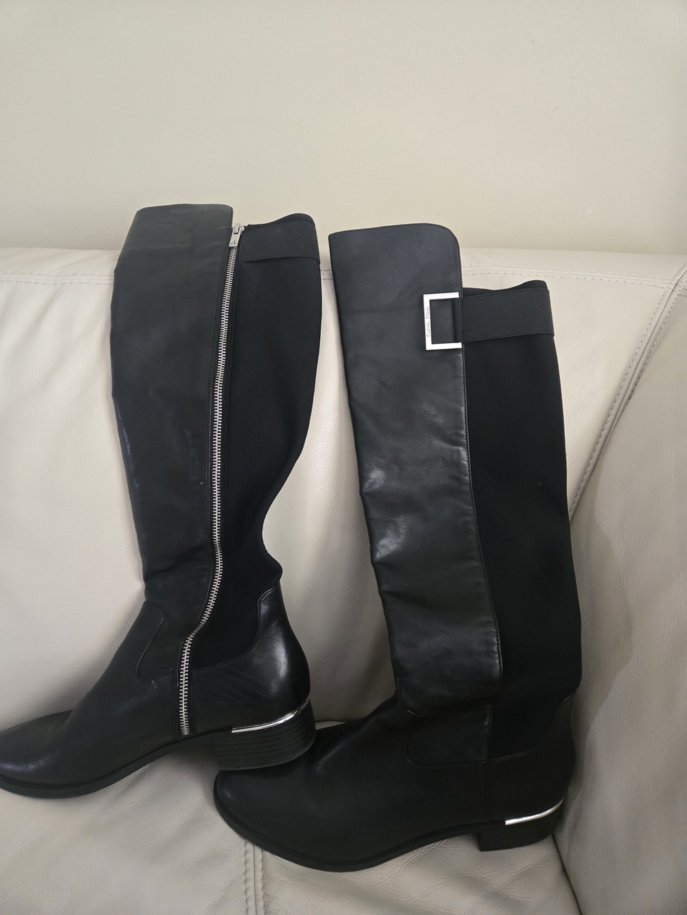 Calvin Klein Black Leather Over-the-Knee Boots with Silver Accents